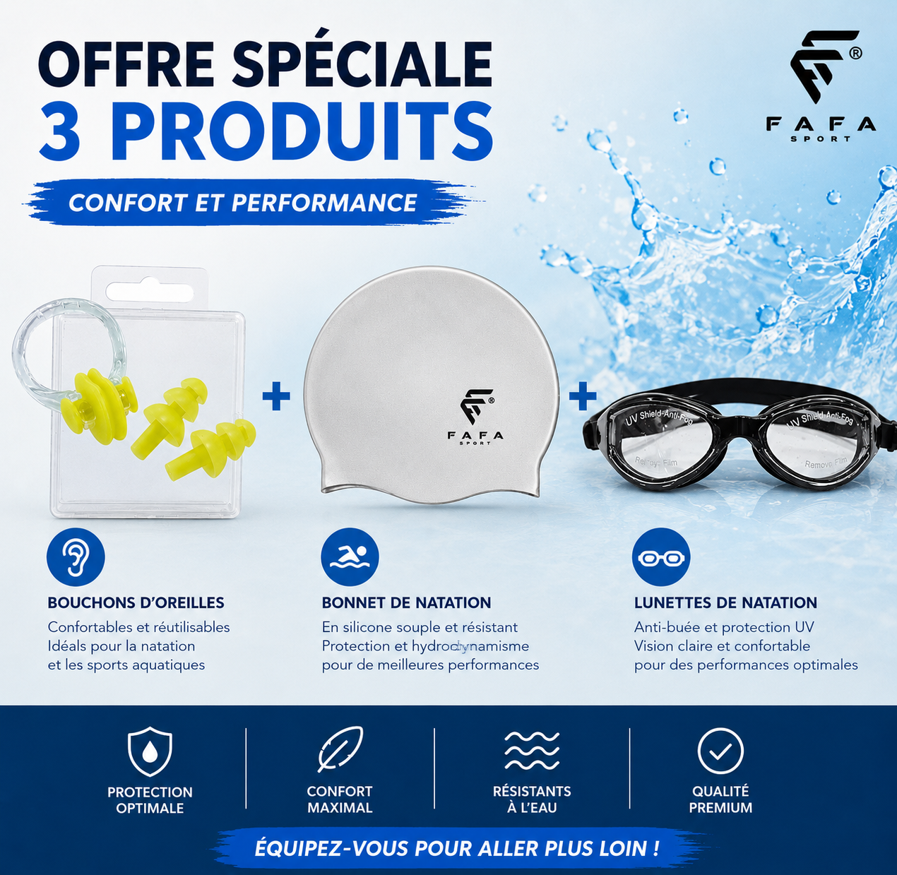LUNETTES DE NATATION +  BOUCHONS D'OREILLES + PINCE NEZ + BONNET DE NATATION