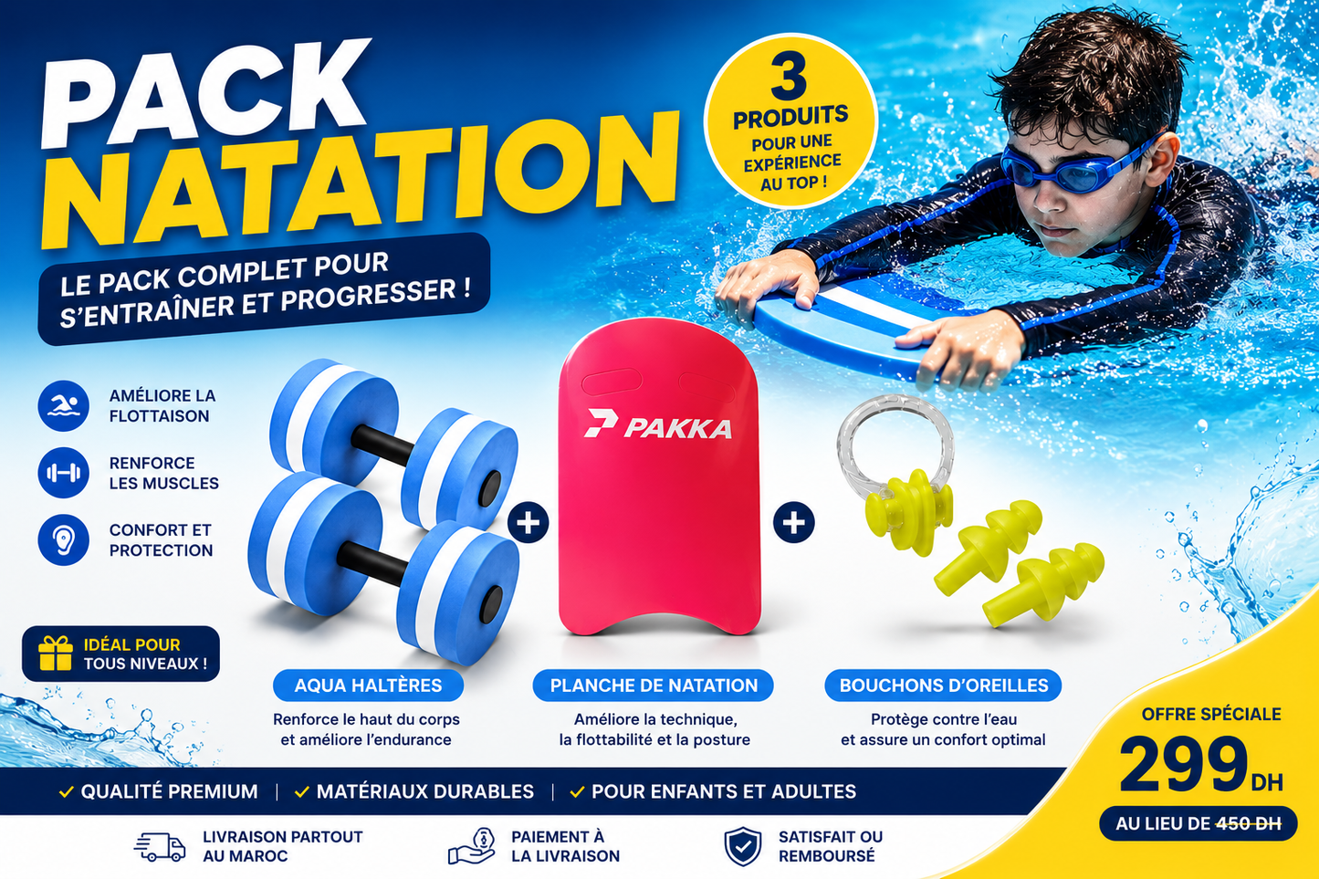 Pack Natation 3 en 1 – Planche + Haltères Aquatiques + Bouchons d'Oreilles + pince nez