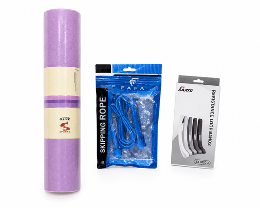 🔥 Pack 3 en 1 : Tapis de Yoga + 5 Bandes de Résistance + Corde à Sauter Offerte
