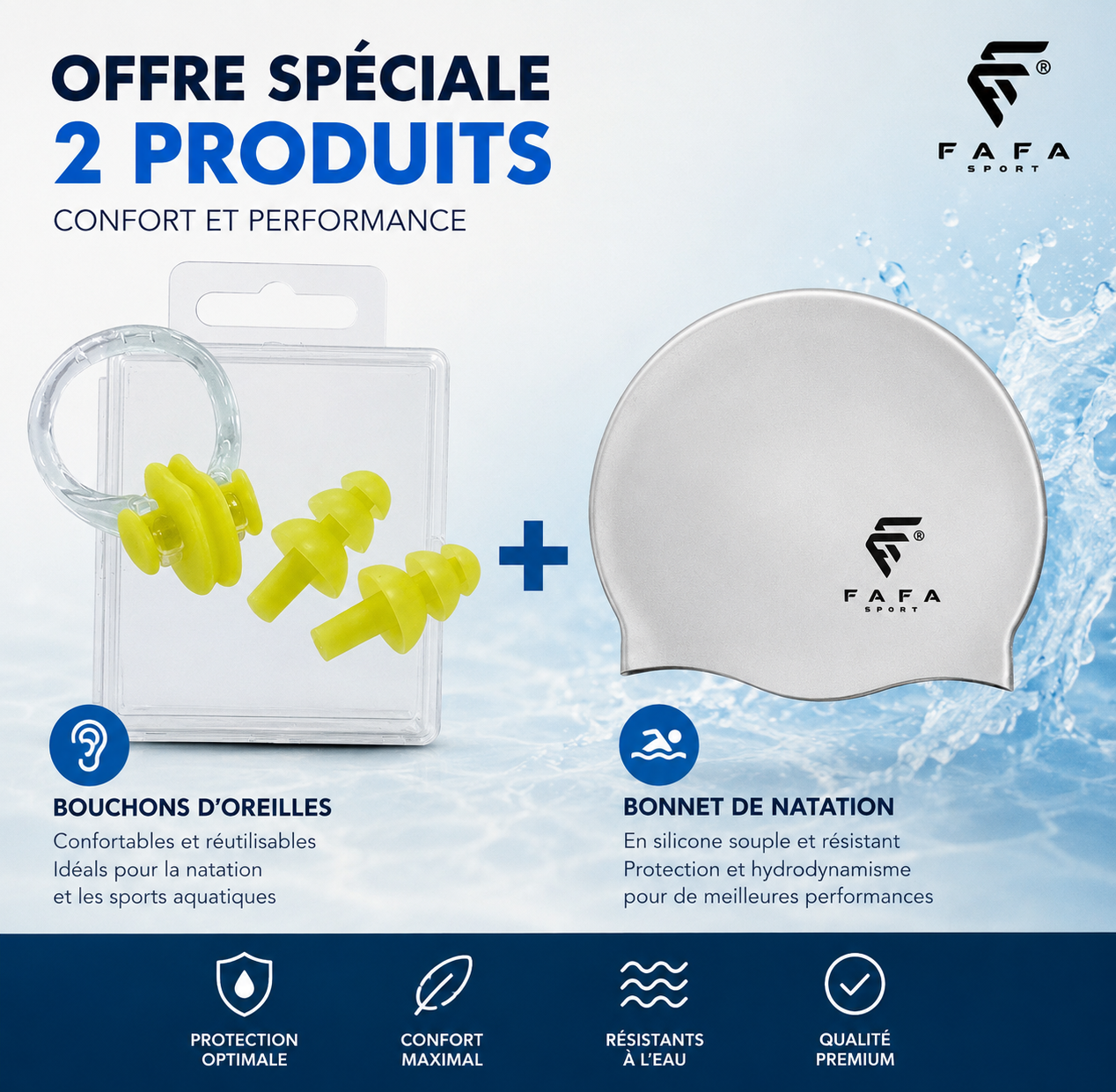 Bonnet de natation en silicone FAFA+ Pakka Bouchons d'oreilles souple + pince-nez