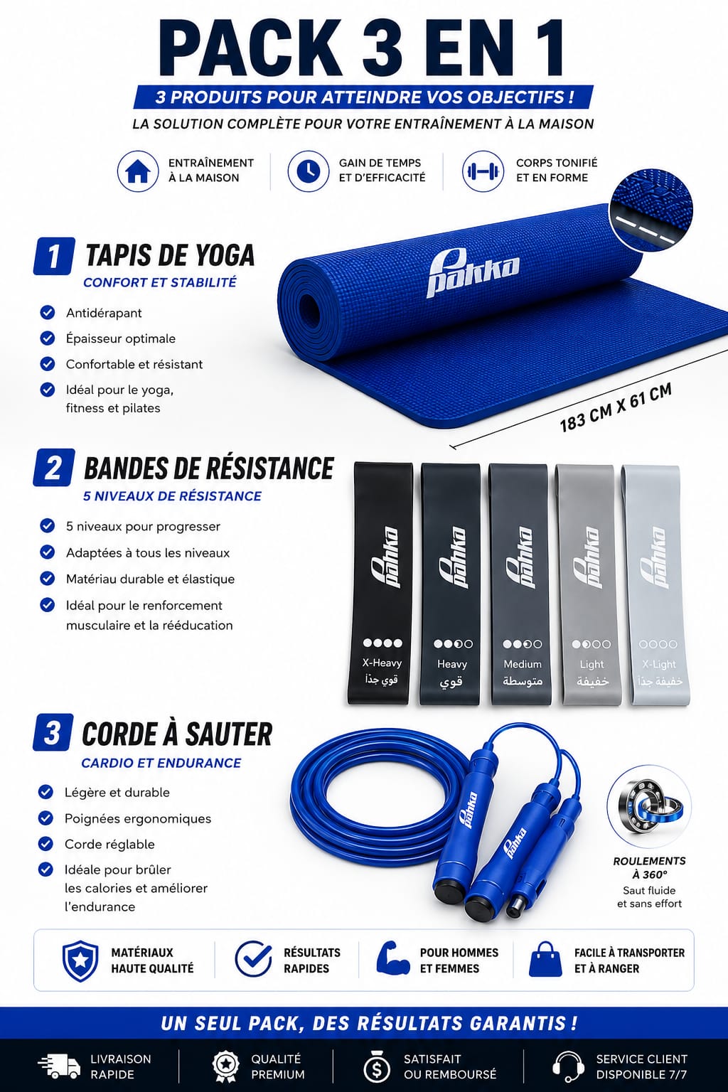 🔥 Pack 3 en 1 : Tapis de Yoga + 5 Bandes de Résistance + Corde à Sauter Offerte